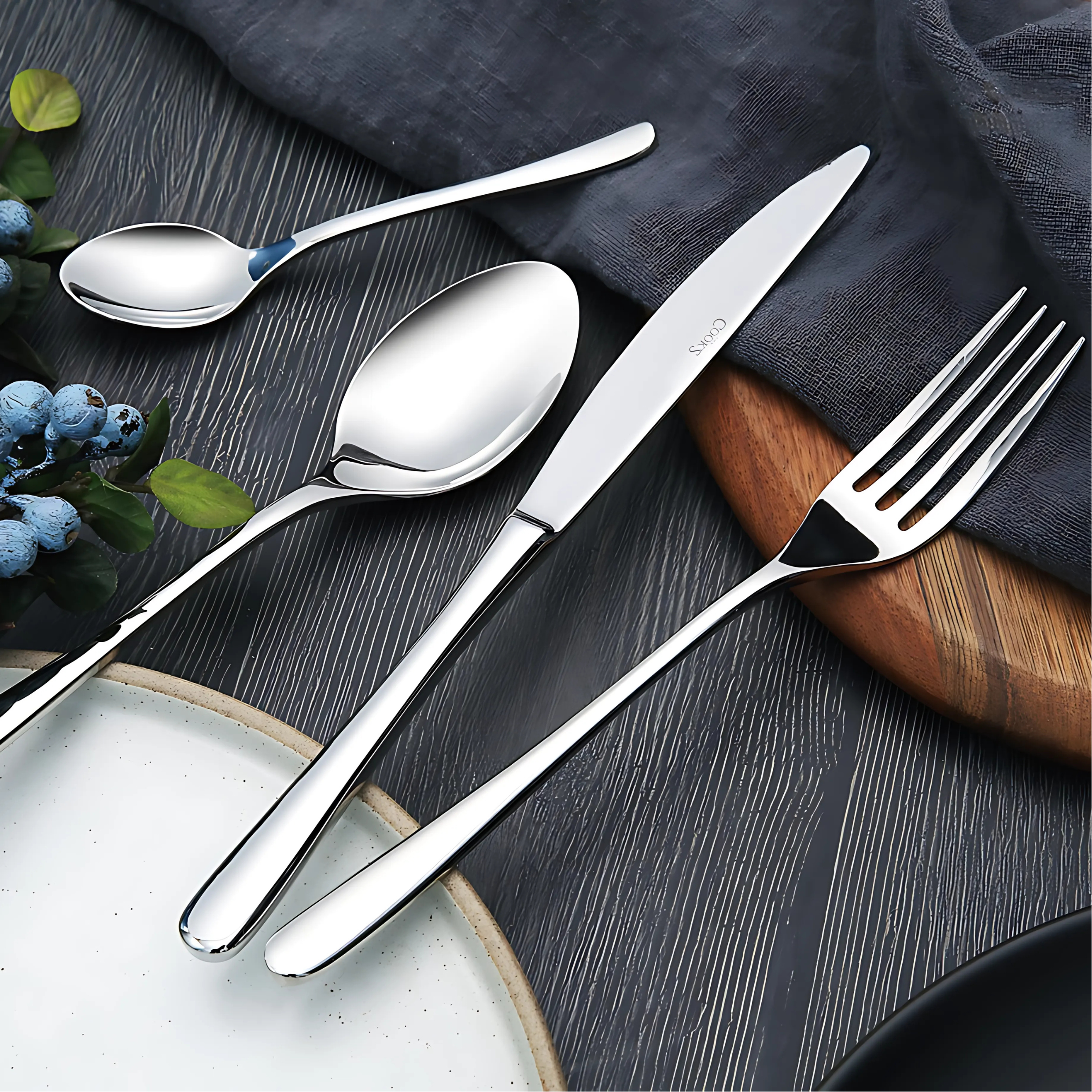 Avril 1703 complete stainless steel cutlery set on white background
Close-up of Avril 1703 table knife, fork, and spoon
Avril 1703 dessert spoon, fork, and cake fork
Soup ladle, gravy ladle, and long soup spoon Avril collection
Fish knife and fish fork with polished finish Avril 1703
Cake server and soda spoon Avril stainless steel flatware
Serving fork and serving spoon Avril 1703 collection
Elegant place setting featuring Avril 1703 pattern pieces