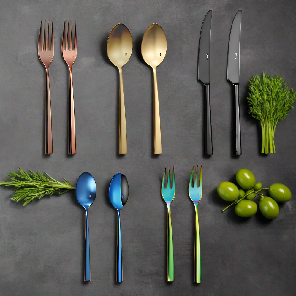 Copper PVD coated cutlery with stain finish – The Cooks Company
Mirror finish gold cutlery set by The Cooks Company
Stain black PVD coated flatware on dinner table
Rainbow mirror finish cutlery from The Cooks Company
Elegant PVD coated cutlery set in copper and gold
Premium stainless steel cutlery in PVD rainbow finish