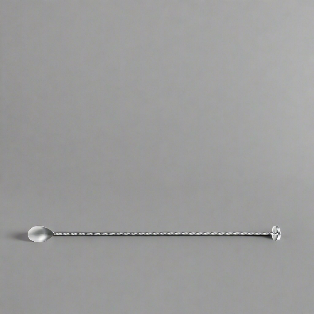 43.5 cm stainless steel bar spoon with muddler end in silver finish

Flat-bottom cocktail spoon with twisted handle

Muddler and spoon combo tool for bartending

Silver bar spoon resting on cocktail shaker

Close-up of twisted handle and muddler end