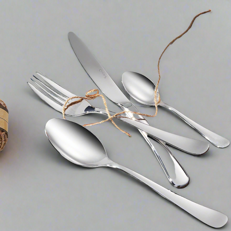 ull Helena 1707 cutlery set in polished stainless steel

Close-up of Helena 1707 table knife and fork

Helena dessert knife, spoon, and fork set

Steak knife and soup spoon – Helena 1707 pattern

Helena 1707 fish knife and fork with elegant handles

Gravy ladle, soup ladle, and serving spoon – Helena 1707

Cake server and cake fork from Helena flatware

Salad fork and salad spoon – Helena 1707 cutlery collection